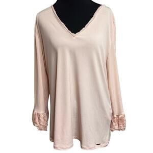 Calvin Klein Women’s Lace Bell Sleeve V-Neck Blouse Blush Pink Size Large L EUC